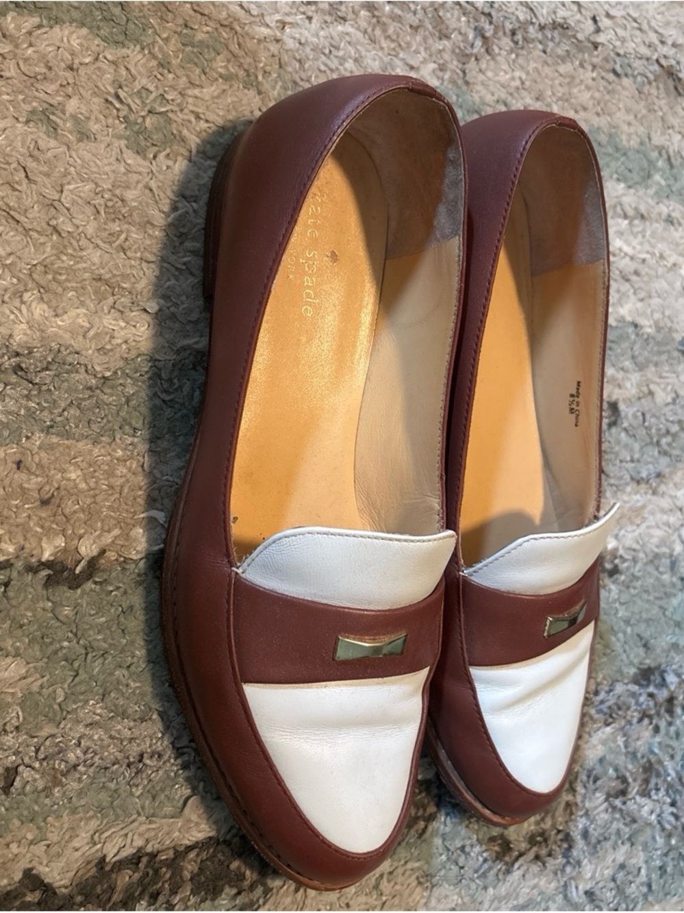 kate spade Burgundy and White Leather Loafers with Gold Accent